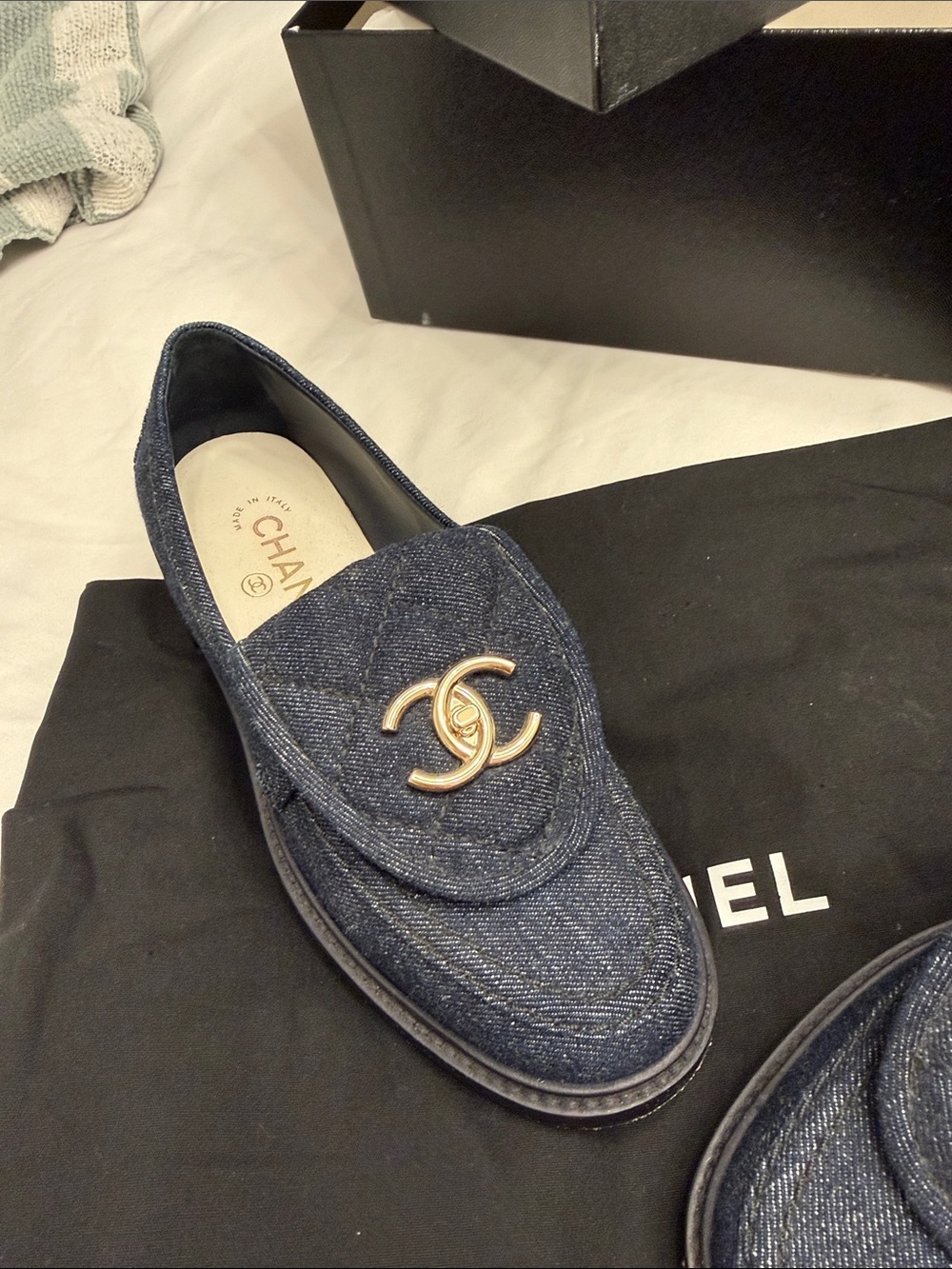 CHANEL Denim Loafers with Gold CC Hardware in Dark Blue.Box & dust bags included - Picture 2 of 8